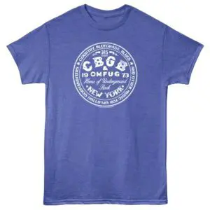 Blue T-shirt with vintage band inspired design featuring "Underground Rock" from New York, ideal for music fans.