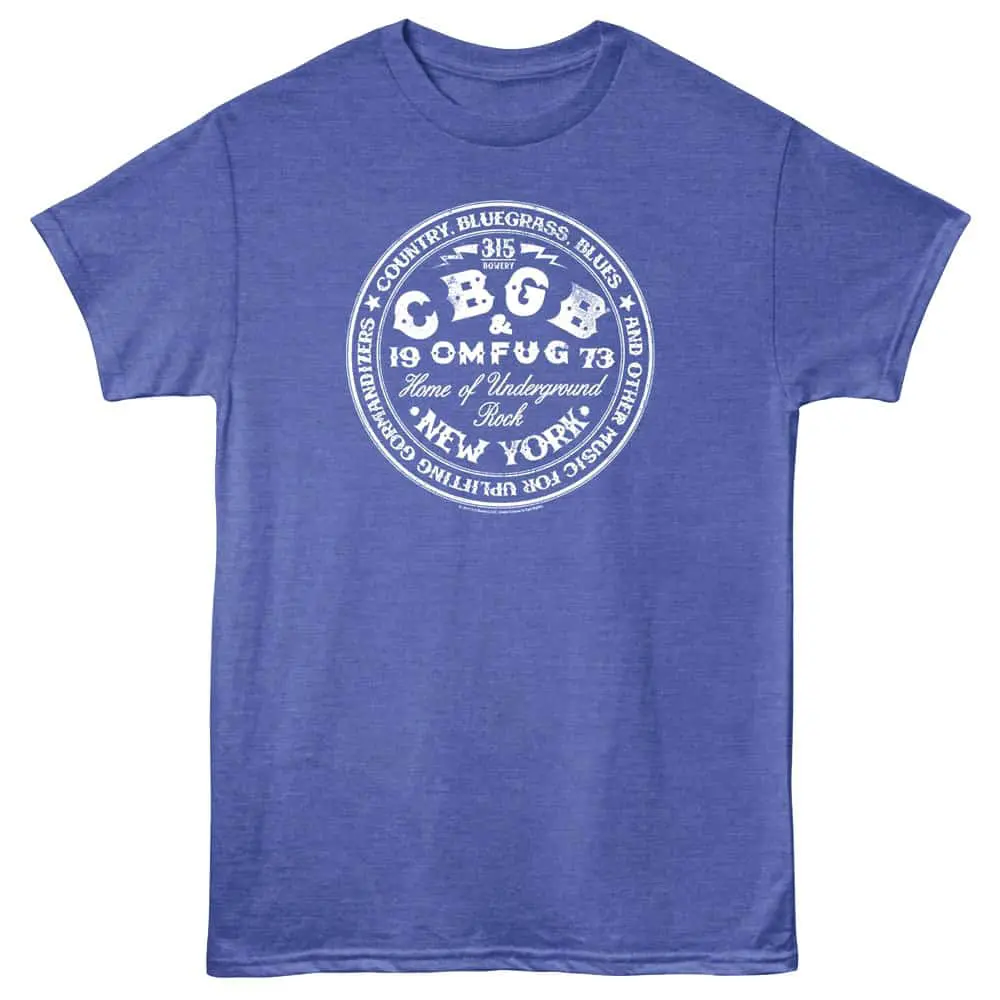 Blue T-shirt with vintage band inspired design featuring "Underground Rock" from New York, ideal for music fans.