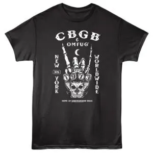 Black punk rock T-shirt with skeletal hand, skull design, and underground music graphics.