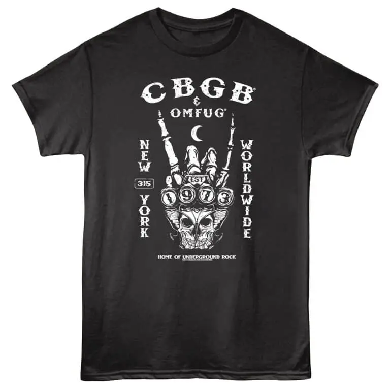 Black punk rock T-shirt with skeletal hand, skull design, and underground music graphics.