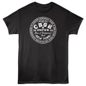 Classic black T-shirt with white underground rock, blues, and vintage band print.