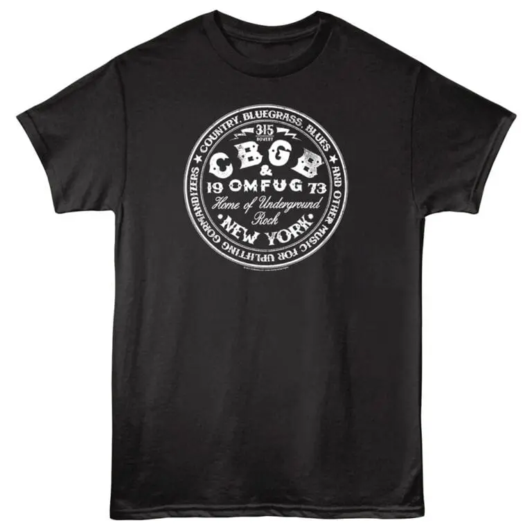 Classic black T-shirt with white underground rock, blues, and vintage band print.