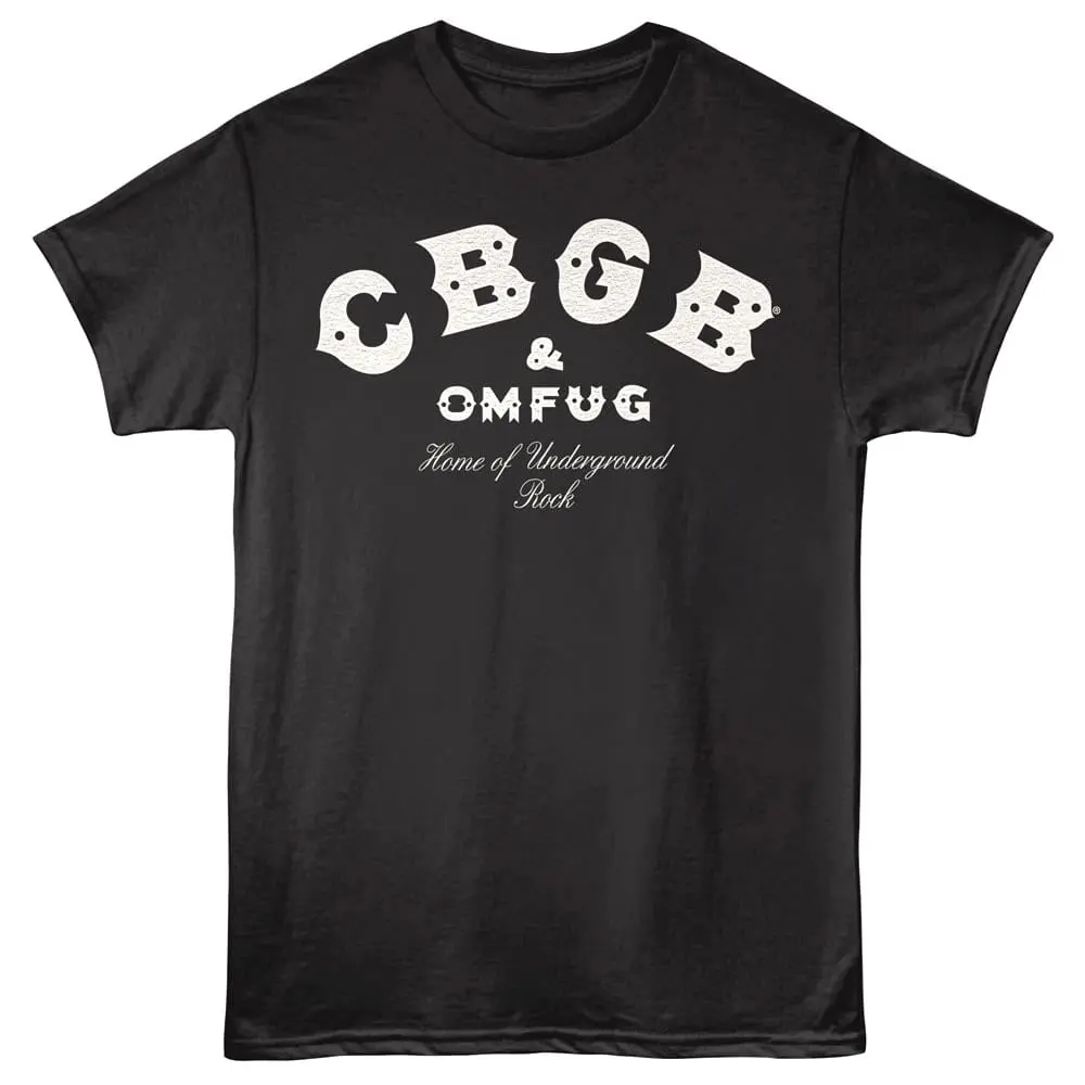 Vintage black T-shirt with "CGB & OMFUG" and "Home of Underground Rock" text, perfect for rock music fans.