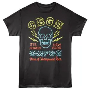 Bright neon skull graphic with lightning and text, "Goth," "315 Bowery," "New York," and "Home of Underground Rock.".