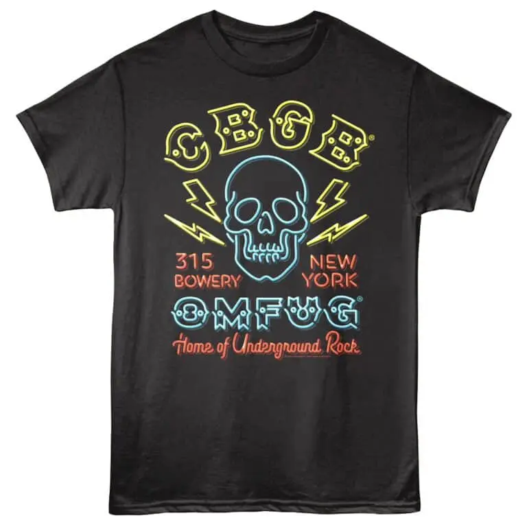 Bright neon skull graphic with lightning and text, "Goth," "315 Bowery," "New York," and "Home of Underground Rock.".