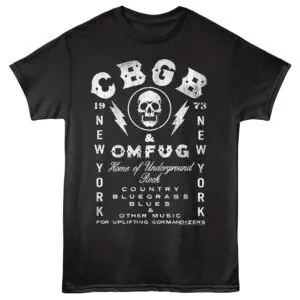 Black T-shirt featuring skull, lightning bolts, and gothic text for punk and goth music fans.