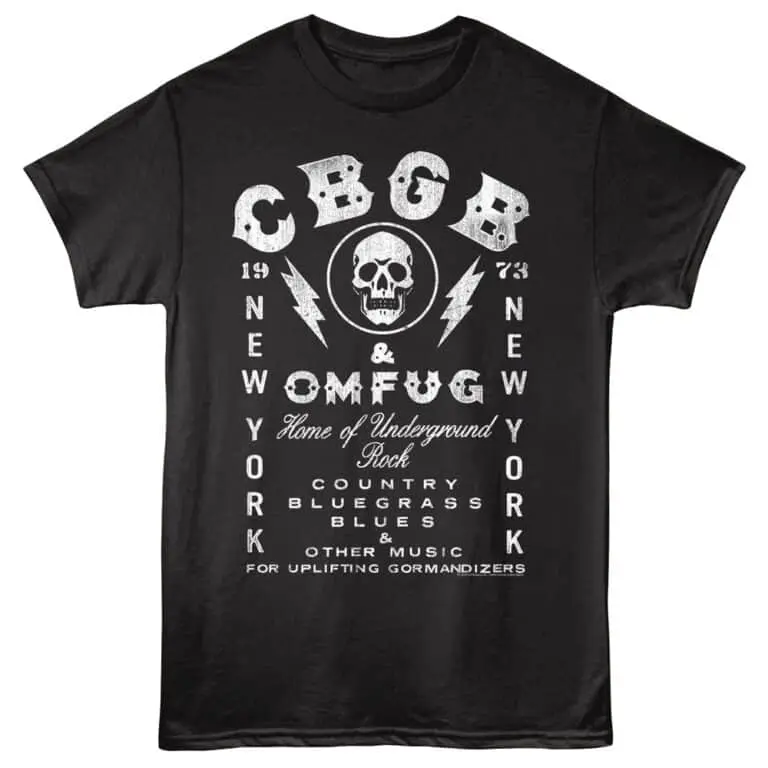Black T-shirt featuring skull, lightning bolts, and gothic text for punk and goth music fans.