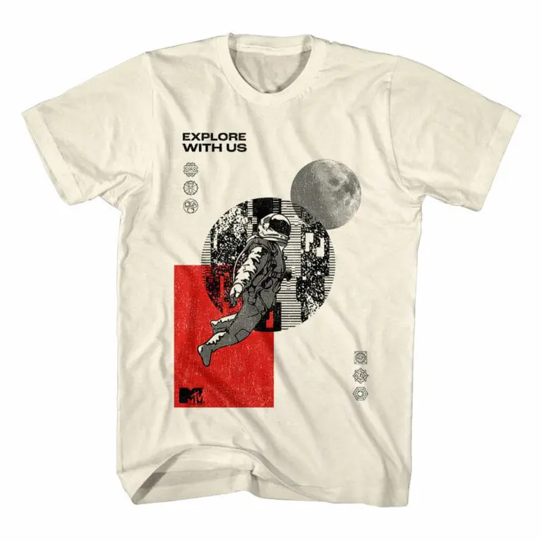 Graphic space-themed t-shirt with astronaut, moon, and exploration icons, perfect for space enthusiasts.