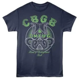 Stylish navy blue t-shirt featuring snake and skull underground rock design with bold green and white text.
