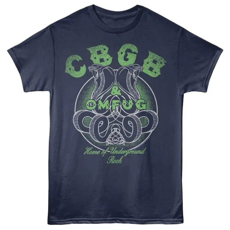 Stylish navy blue t-shirt featuring snake and skull underground rock design with bold green and white text.