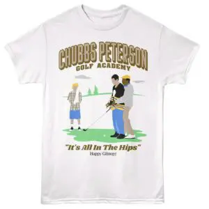 Illustration of golf scene with humorous quote on a white tee shirt.
