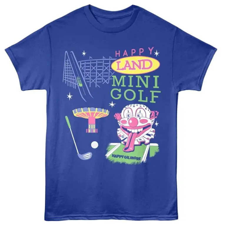 Bright blue t-shirt featuring fun mini golf and amusement park design with playful cartoon clown.