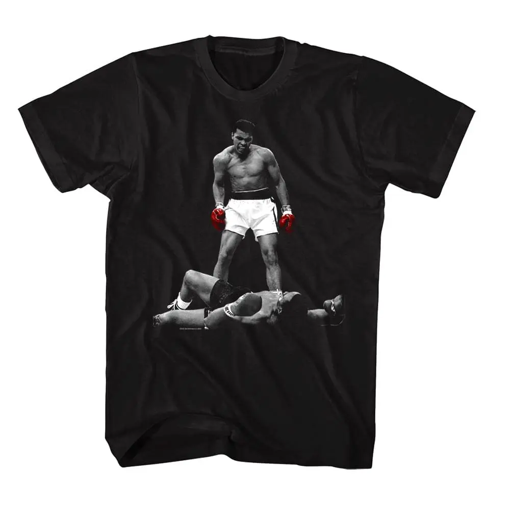 Boxing t-shirt featuring iconic image of Muhammad Ali victorious over opponent, black background, vintage style.