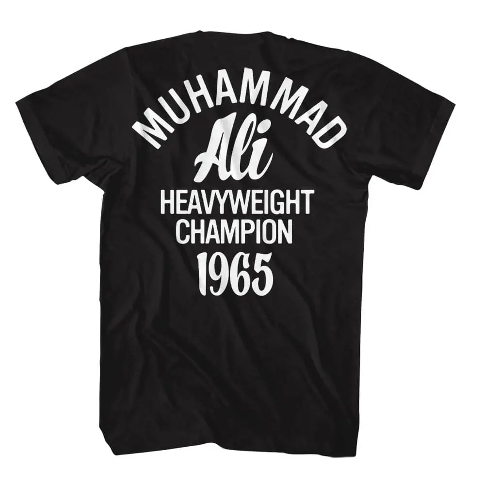 Black T-shirt featuring Muhammad Ali heavyweight champion 1965 design. Perfect gift for boxing fans and sports enthusiasts.