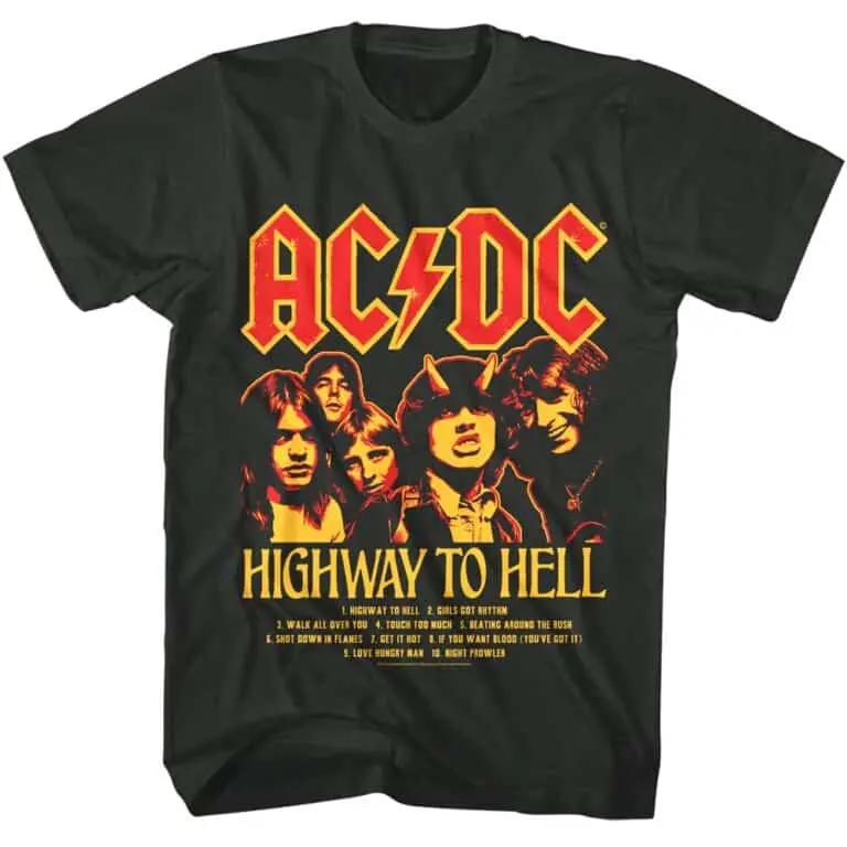 High-quality AC/DC Highway to Hell rock band t-shirt with vintage design.
