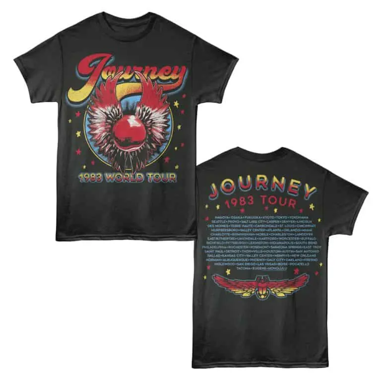 Vibrant black concert T-shirt featuring "Journey" 1983 World Tour graphic and detailed tour city list.
