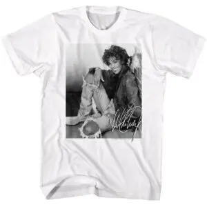 Vintage-inspired woman's T-shirt with iconic celebrity autograph and fashion-forward design.