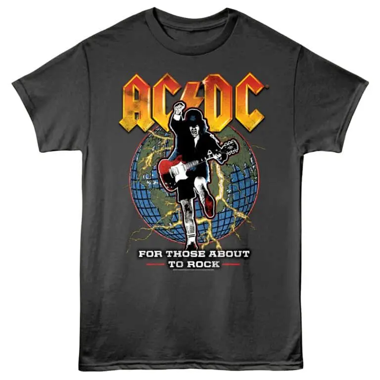 Vintage AC/DC rock band graphic tee with guitarist and earth design for music fans.