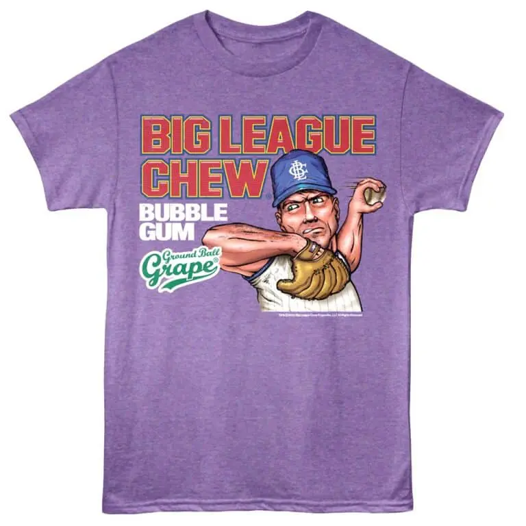 Fun baseball-themed graphic tee with Big League Chew, bubble gum, and grape flavor elements.