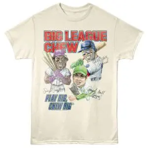 Colorful baseball-themed graphic t-shirt with caricatures of players, signature details, and playful slogan for sports fans.