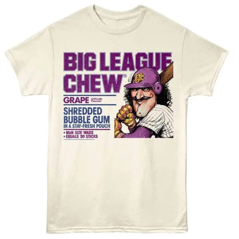 Vintage Big League Chew graphic tee featuring a cartoon baseball player and bubble gum text. Perfect for sports fans and retro fashion.