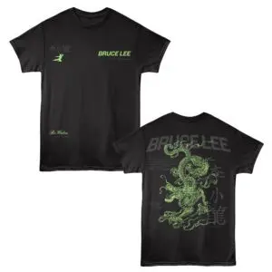 Bruce Lee graphic tee with dragon illustration, Asian characters, and modern design, ideal for martial arts and streetwear fashion.