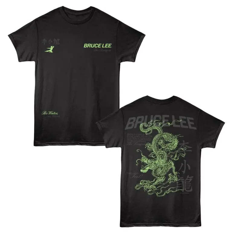 Bruce Lee graphic tee with dragon illustration, Asian characters, and modern design, ideal for martial arts and streetwear fashion.