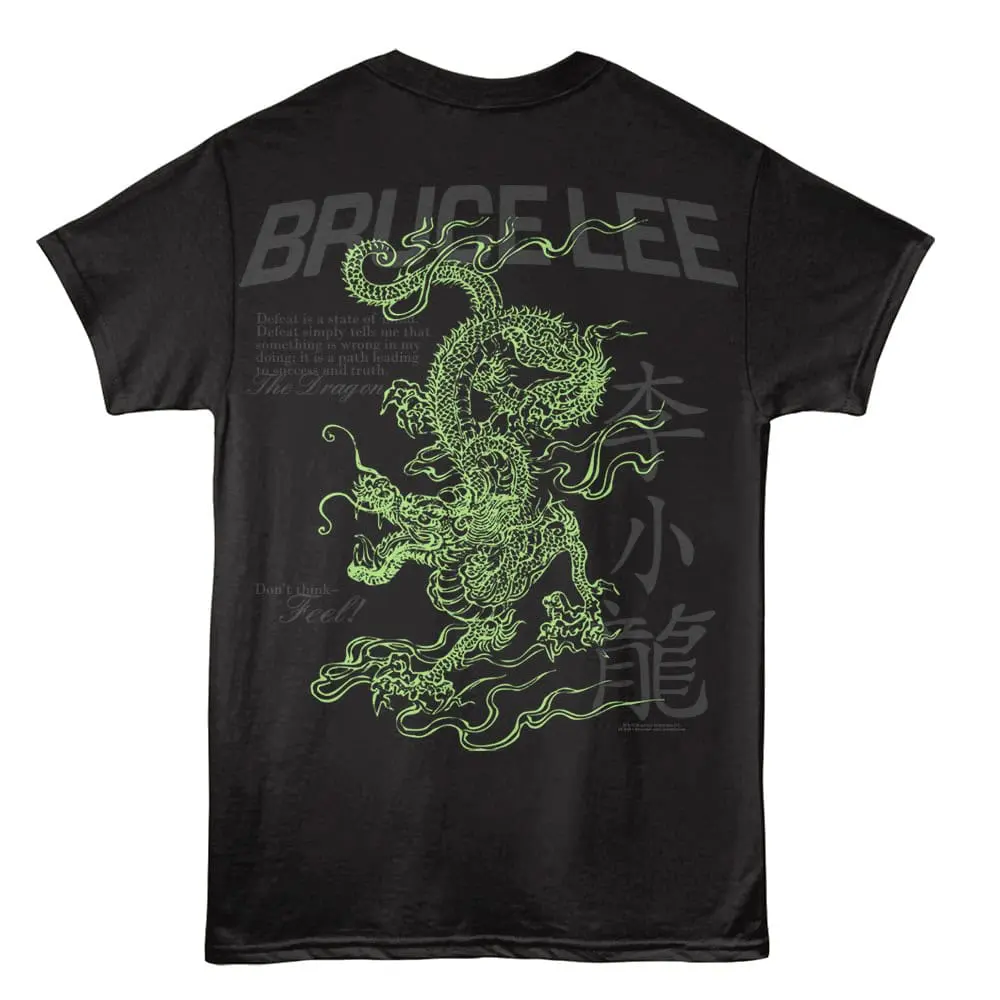 Men’s black T-shirt featuring a neon green dragon graphic, Asian motifs, and motivational text for edgy streetwear style.