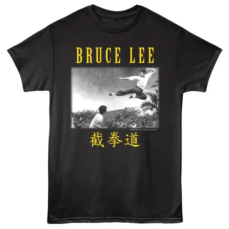 Bruce Lee martial arts t-shirt featuring a black and white graphic of a classic fight scene.