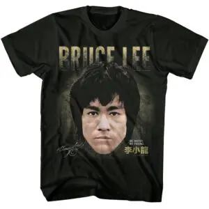 Bruce Lee graphic tee showcasing legendary martial artist and actor, perfect for fans and fitness enthusiasts.