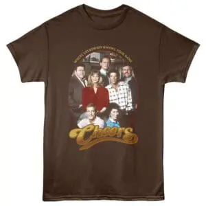 Vintage Friends TV show graphic t-shirt with iconic cast photo and "Cheers" slogan.