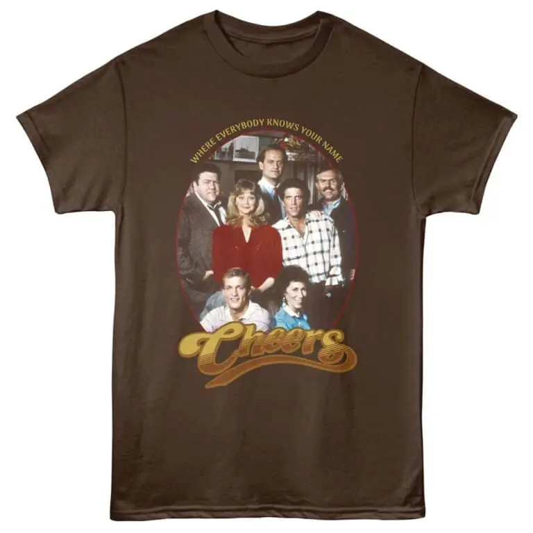 Vintage Friends TV show graphic t-shirt with iconic cast photo and "Cheers" slogan.