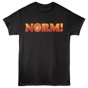 Casual black T-shirt featuring "NORM!" graphic with beer mug illustration, perfect for beer lovers and casual wear.