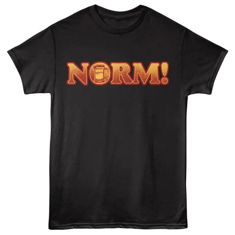 Casual black T-shirt featuring "NORM!" graphic with beer mug illustration, perfect for beer lovers and casual wear.