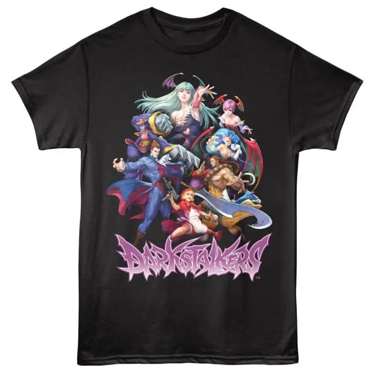 Vibrant Darkstalkers graphic T-shirt featuring iconic characters from the fantasy fighting game series.