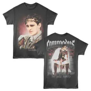 Graphic t-shirt featuring Roman emperor gladiator design, perfect for history and fashion enthusiasts.