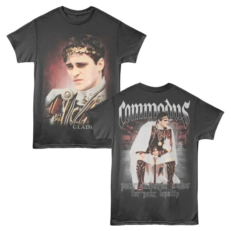 Graphic t-shirt featuring Roman emperor gladiator design, perfect for history and fashion enthusiasts.