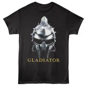 Men's black T-shirt featuring a metallic gladiator helmet with spikes and the word "GLADIATOR" in gold.