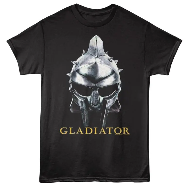 Men's black T-shirt featuring a metallic gladiator helmet with spikes and the word "GLADIATOR" in gold.