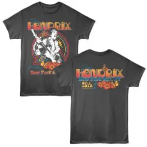 Hendrix graphic t-shirt with colorful design, floral elements, and vintage concert style for music fans.