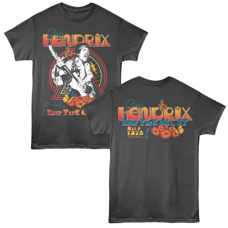 Hendrix graphic t-shirt with colorful design, floral elements, and vintage concert style for music fans.