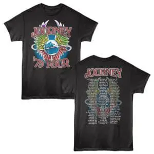 Vivid black graphic t-shirt featuring "Journey '79 Tour" with floral and earth graphic on front and tour dates on back.