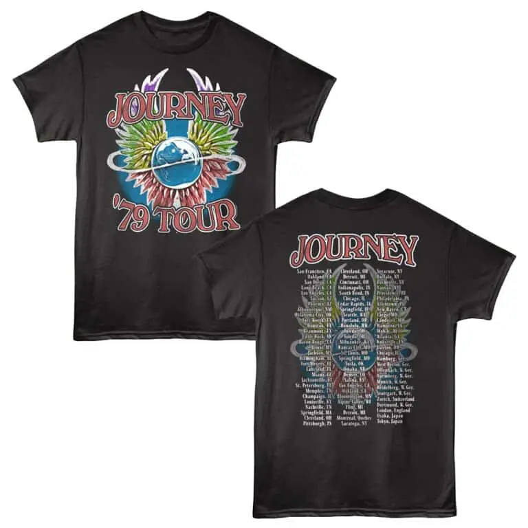 Vivid black graphic t-shirt featuring "Journey '79 Tour" with floral and earth graphic on front and tour dates on back.