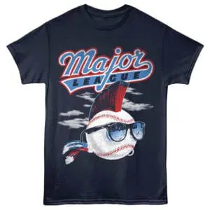 Baseball t shirt featuring Major League logo, cool character with sunglasses for fans.