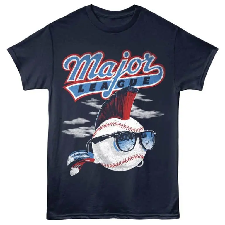 Baseball t shirt featuring Major League logo, cool character with sunglasses for fans.