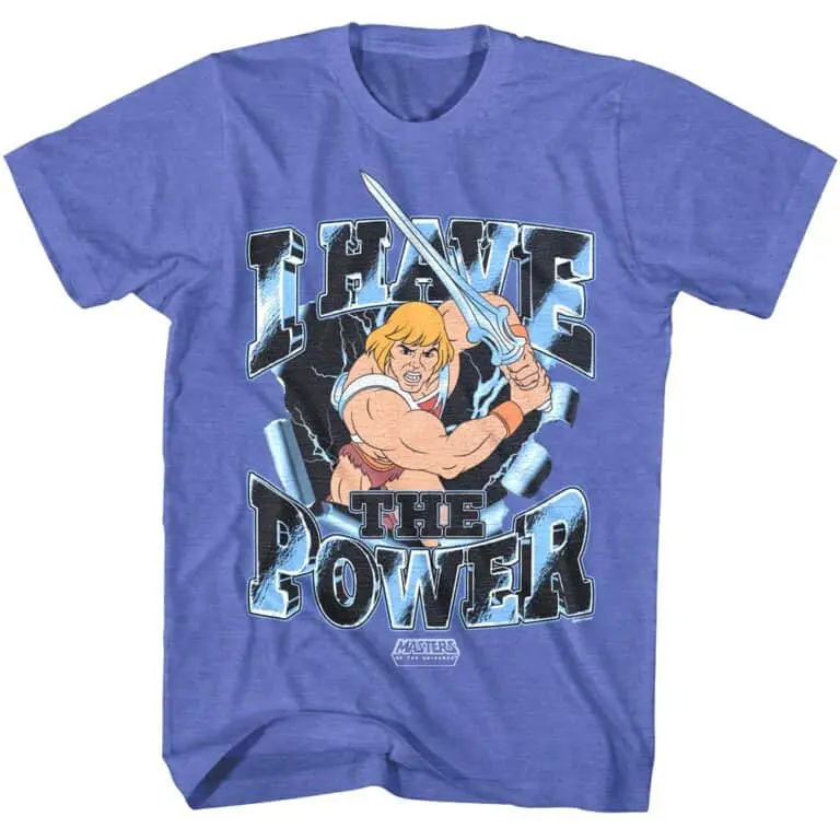 Colorful vintage He-Man graphic T-shirt with bold "Love the Power" print and lightning effects.