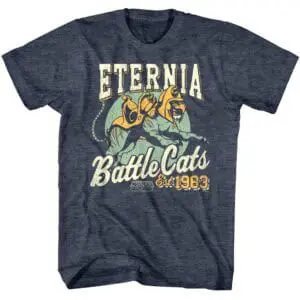 Graphic tee featuring "Eternia Battle Cats" design with cats and vintage style, perfect for cat lovers.