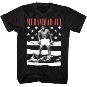 Black Muhammad Ali sports T-shirt featuring iconic boxer in victory pose, American-themed stars and stripes design.