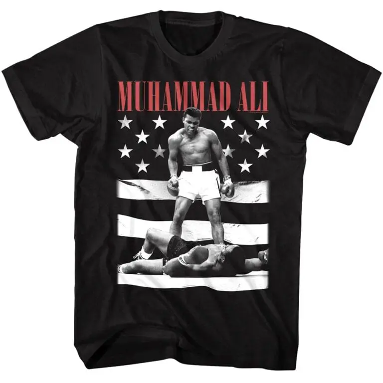 Black Muhammad Ali sports T-shirt featuring iconic boxer in victory pose, American-themed stars and stripes design.