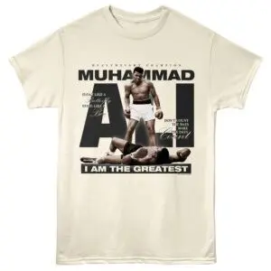 Inspirational Muhammad Ali quote T-shirt featuring a boxer standing over an opponent.
